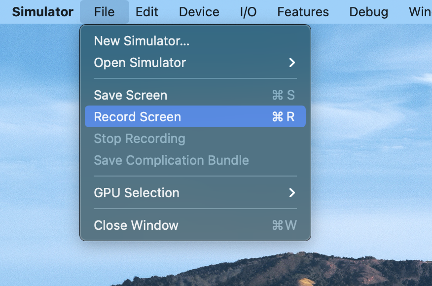 시뮬레이터 앱에서 File > Record Screen 메뉴