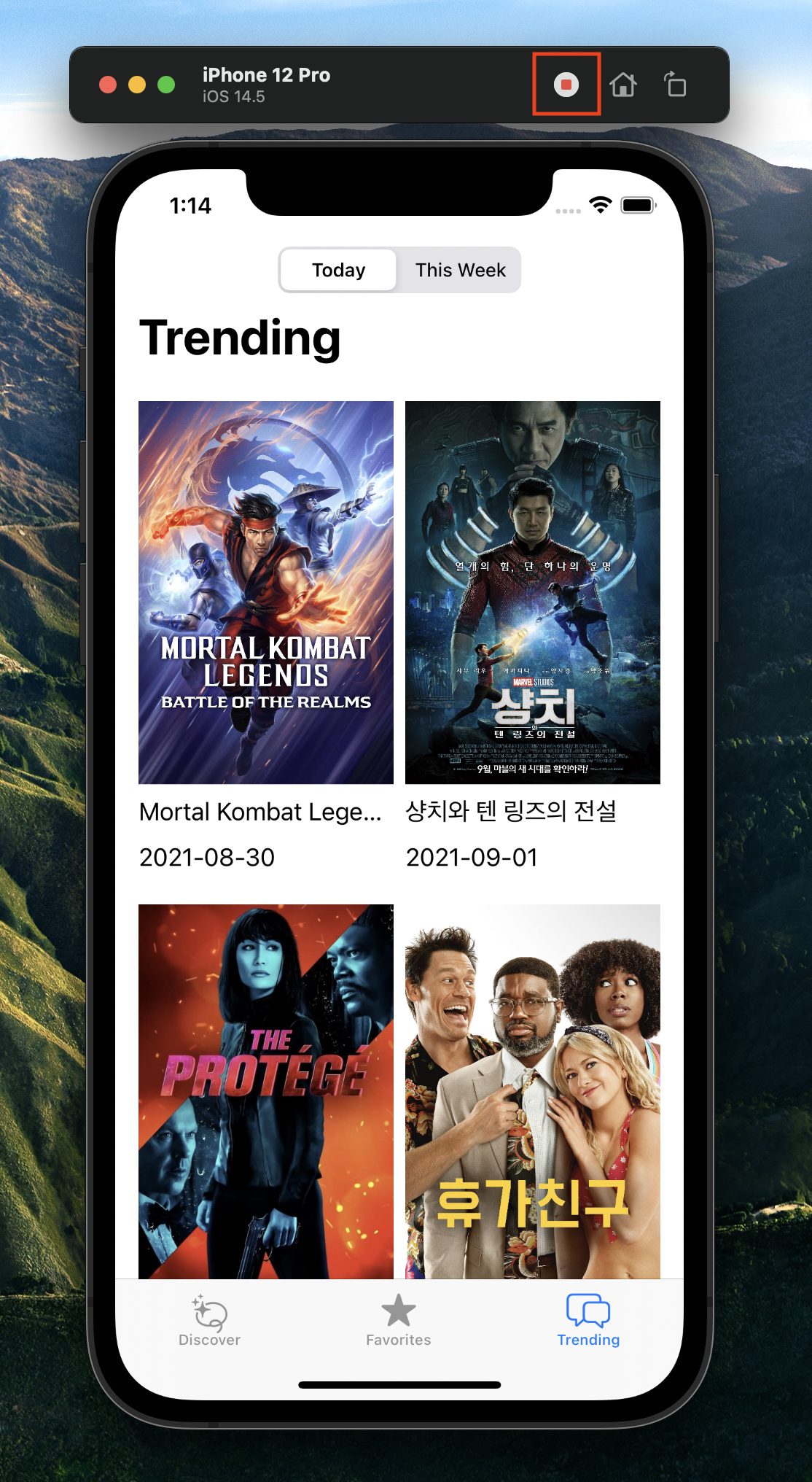 시뮬레이터 상단에 나타나는 녹화 버튼