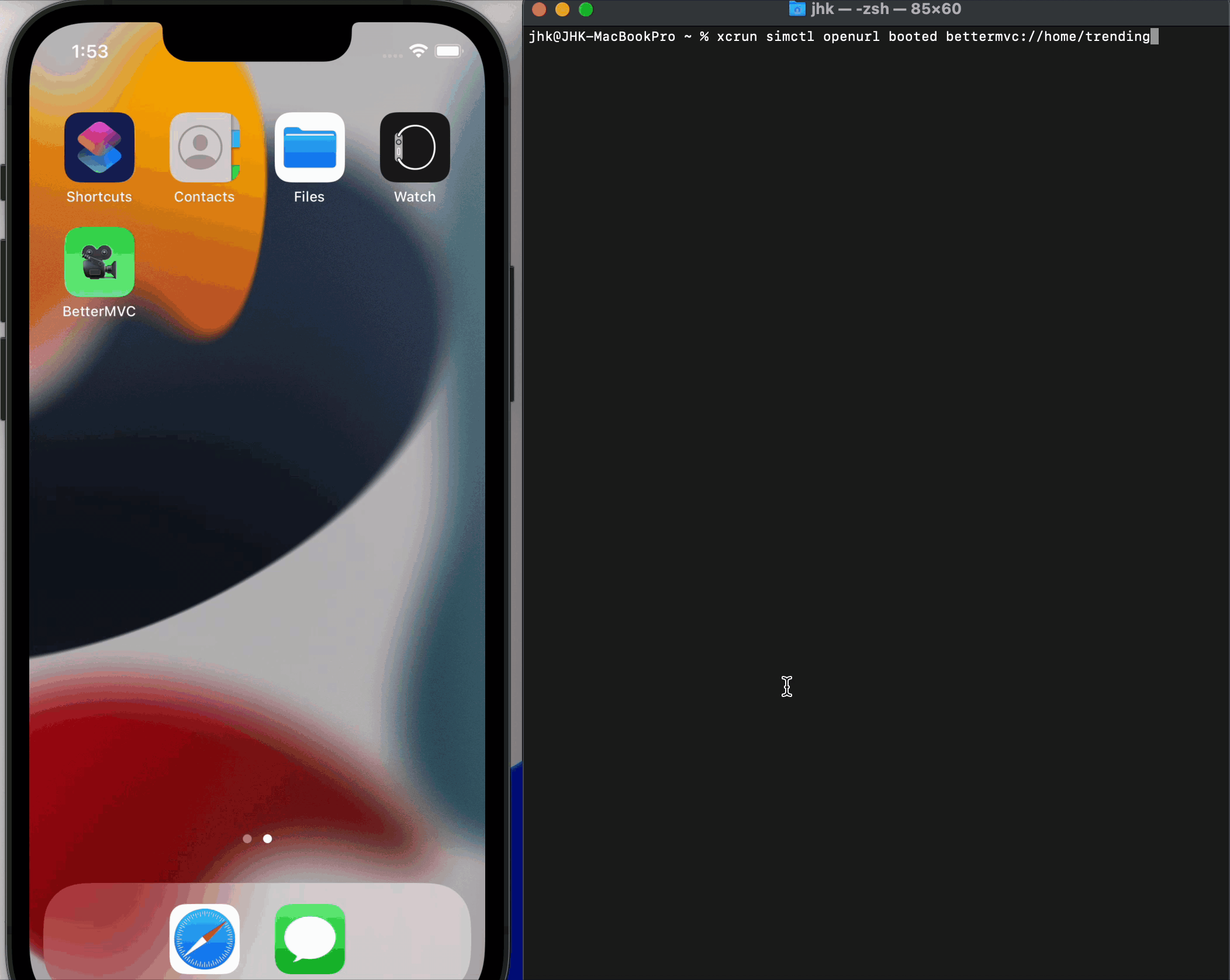 터미널에 명령어를 입력하여 시뮬레이터에서 앱 열고 있다