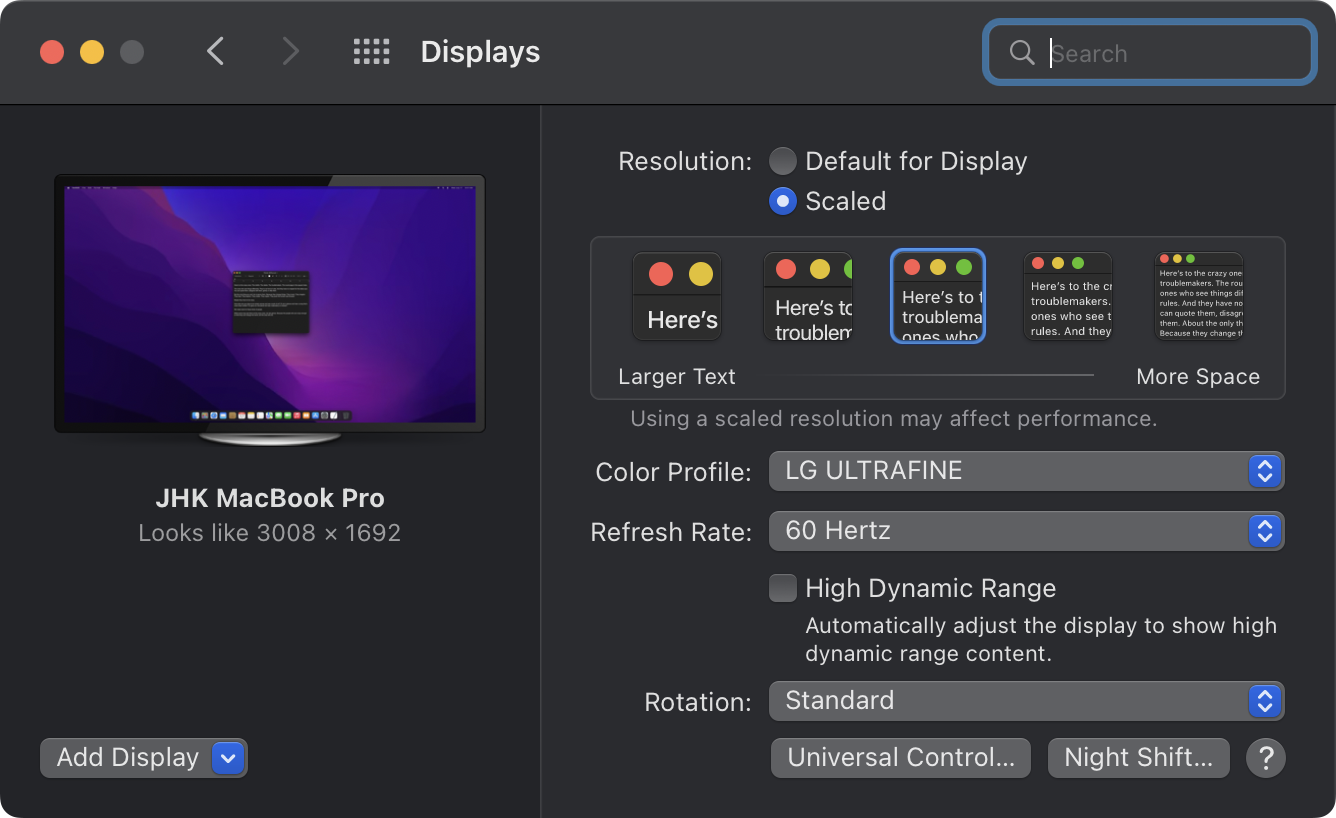 맥 디스플레이 설정 화면. 기본 값을 사용하지 않고 3008x1692 scaled 된 값으로 설정되어 있다
