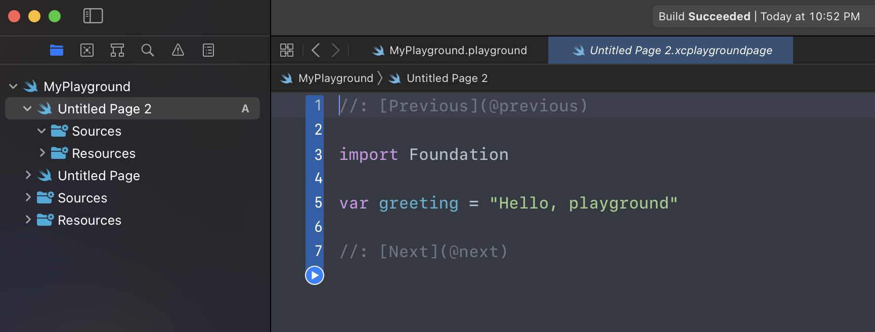 'Untitled Page'와 'Untitled Page 2' 플레이그라운드 페이지가 생성된 화면
