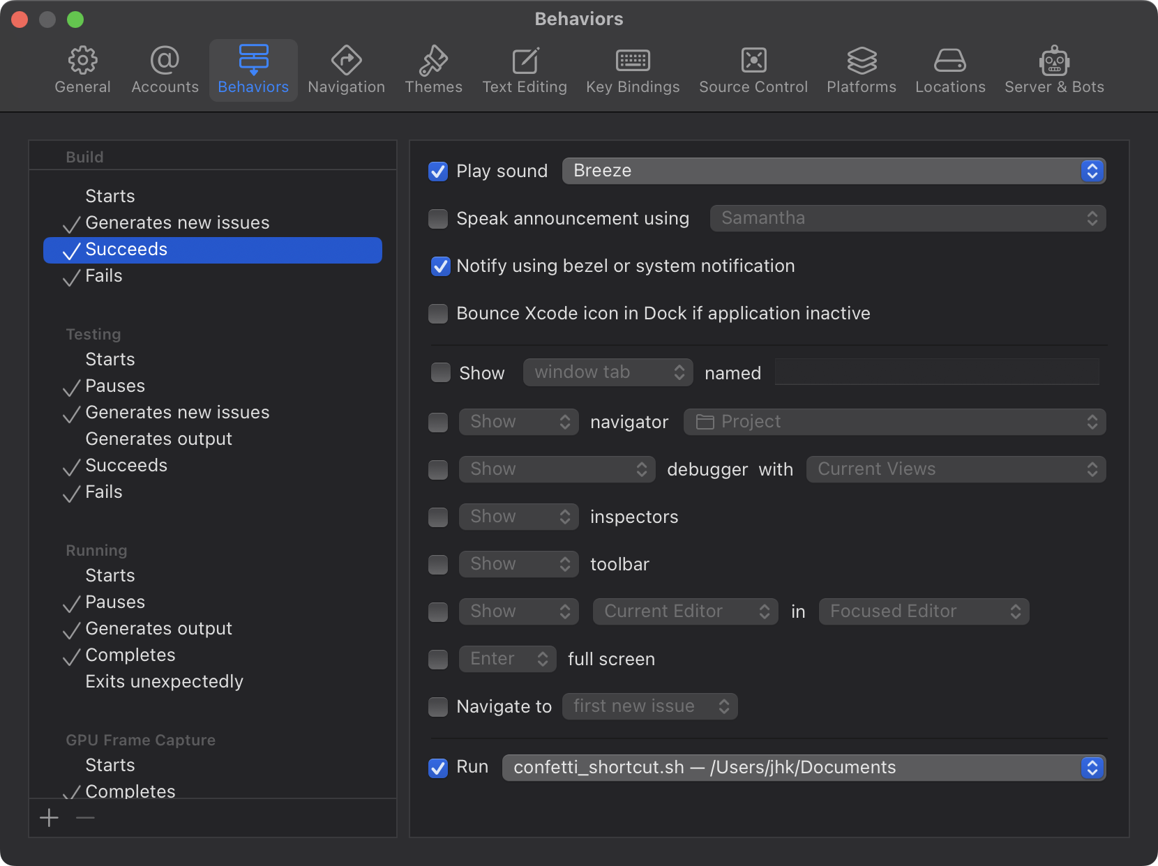 Xcode > Settings > Behaviors > Build > Succeeds 맨 아래 만들었던 스크립트 파일을 설정한 화면