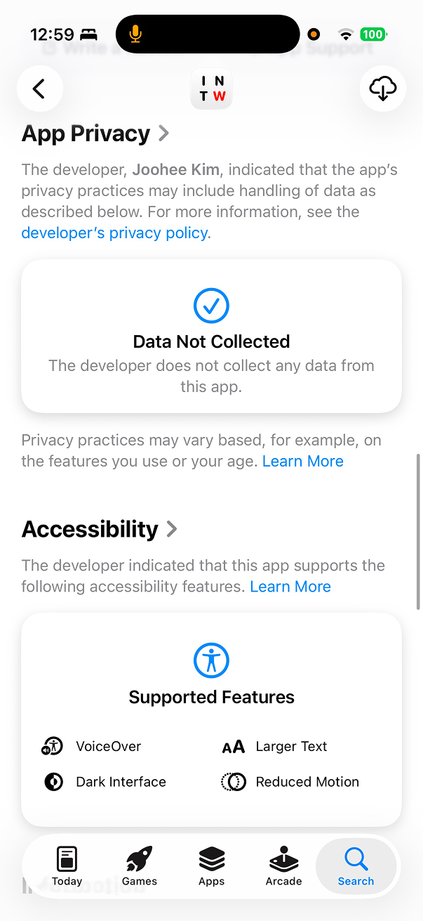 App Store accessibility section showing supported features including VoiceOver, Larger Text, Dark Interface, and Reduced Motion