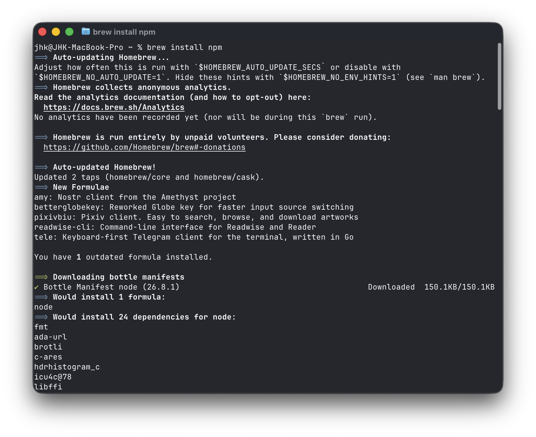 Terminal showing Homebrew installing Node.js and its dependencies