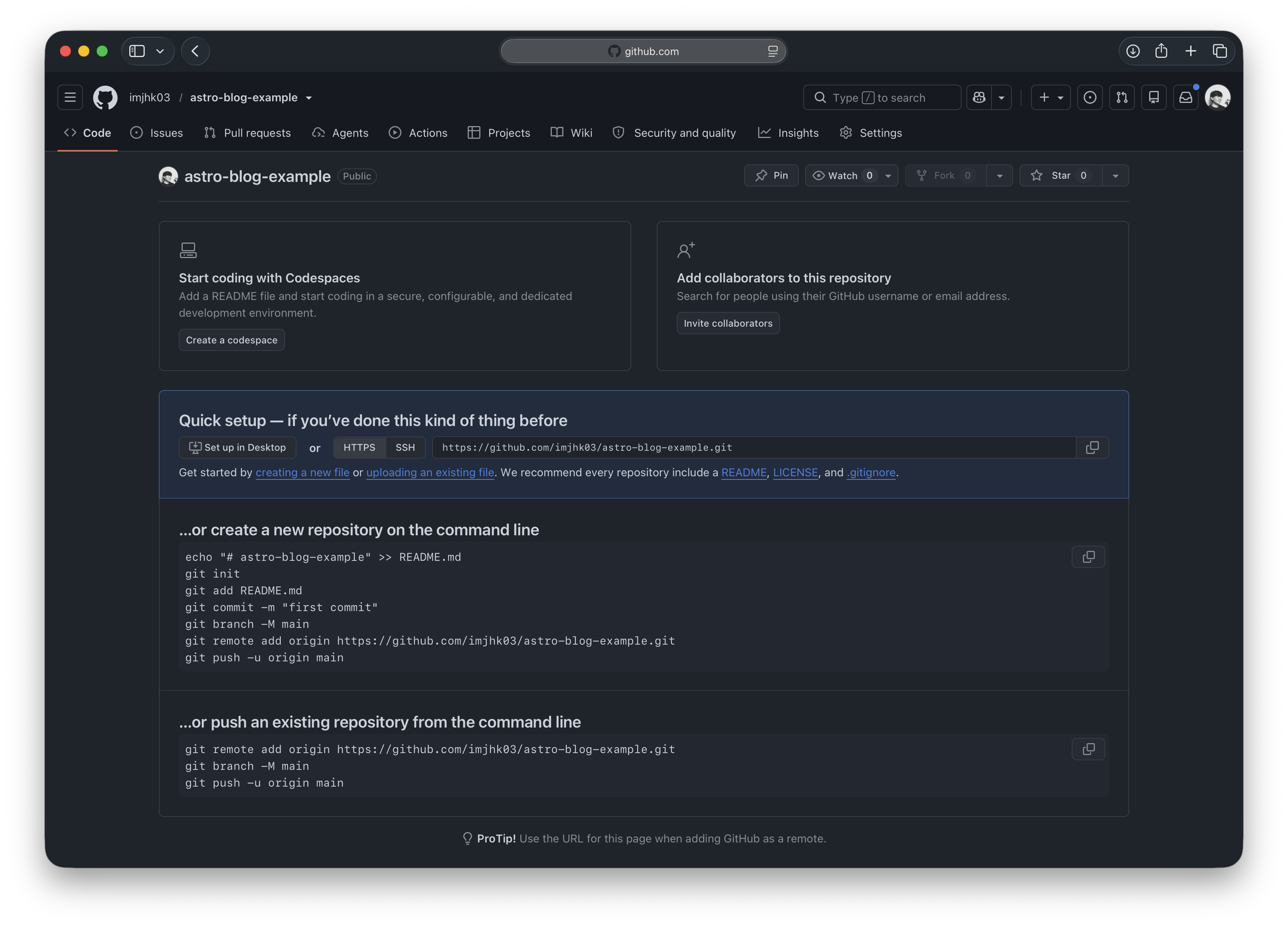 The empty astro-blog-example GitHub repository